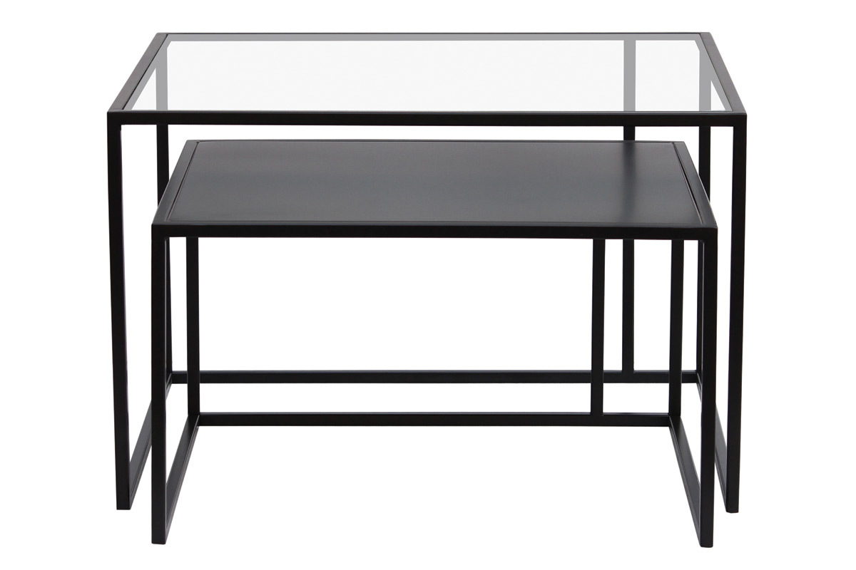 Tables basses gigognes carres design verre tremp et mtal noir (lot de 2) TAHL