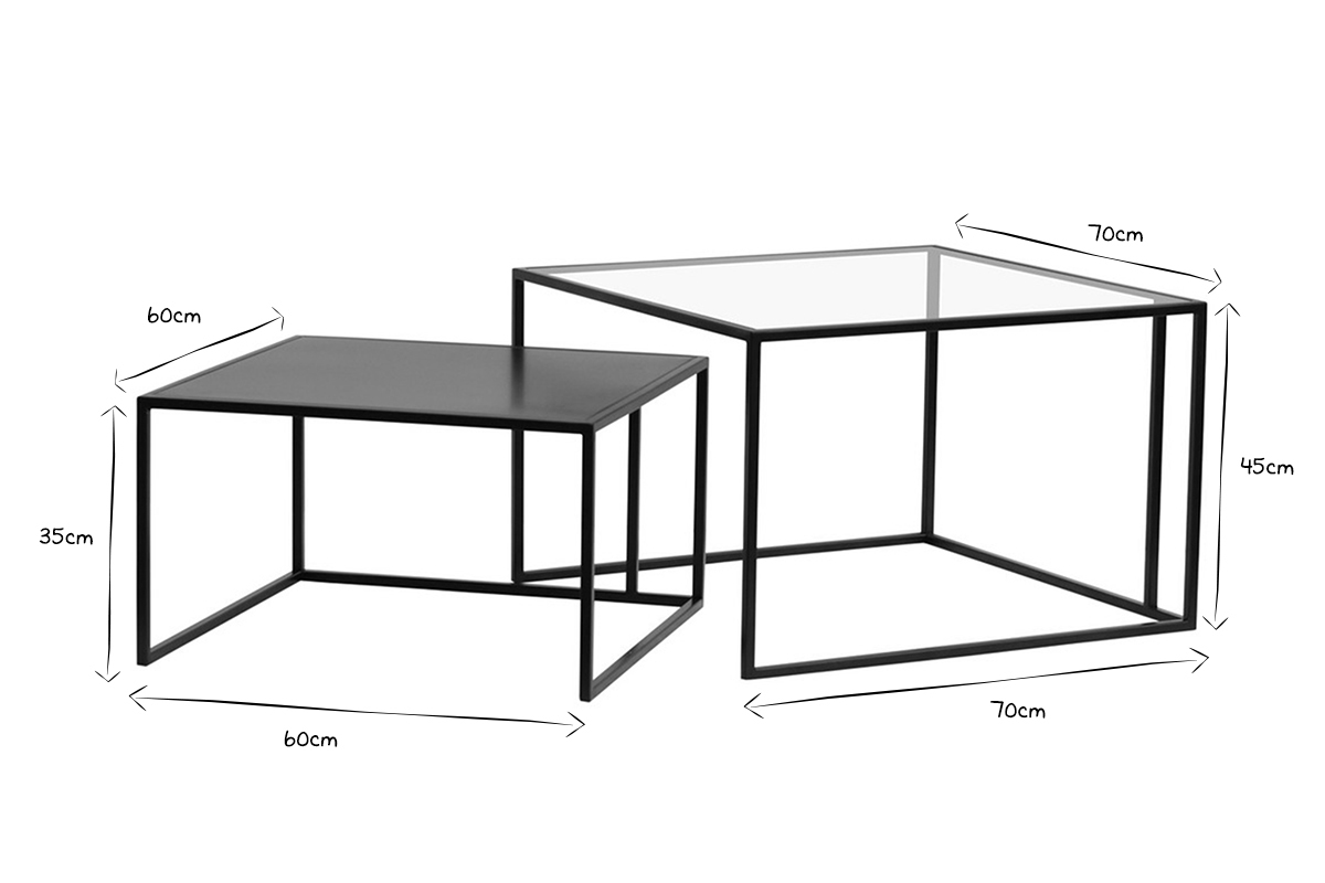 Tables basses gigognes carres design verre tremp et mtal noir (lot de 2) TAHL