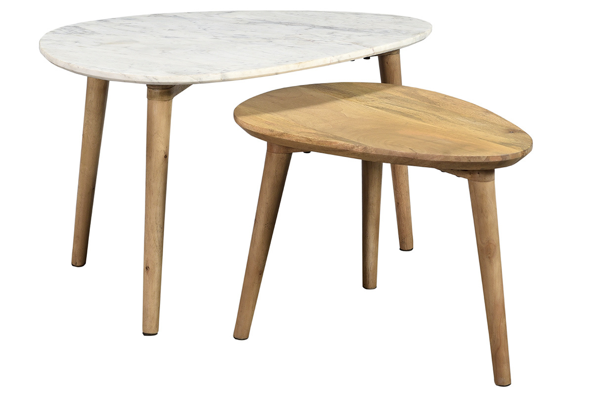 Tables basses gigognes marbre blanc et bois manguier massif (lot de 2) EVY