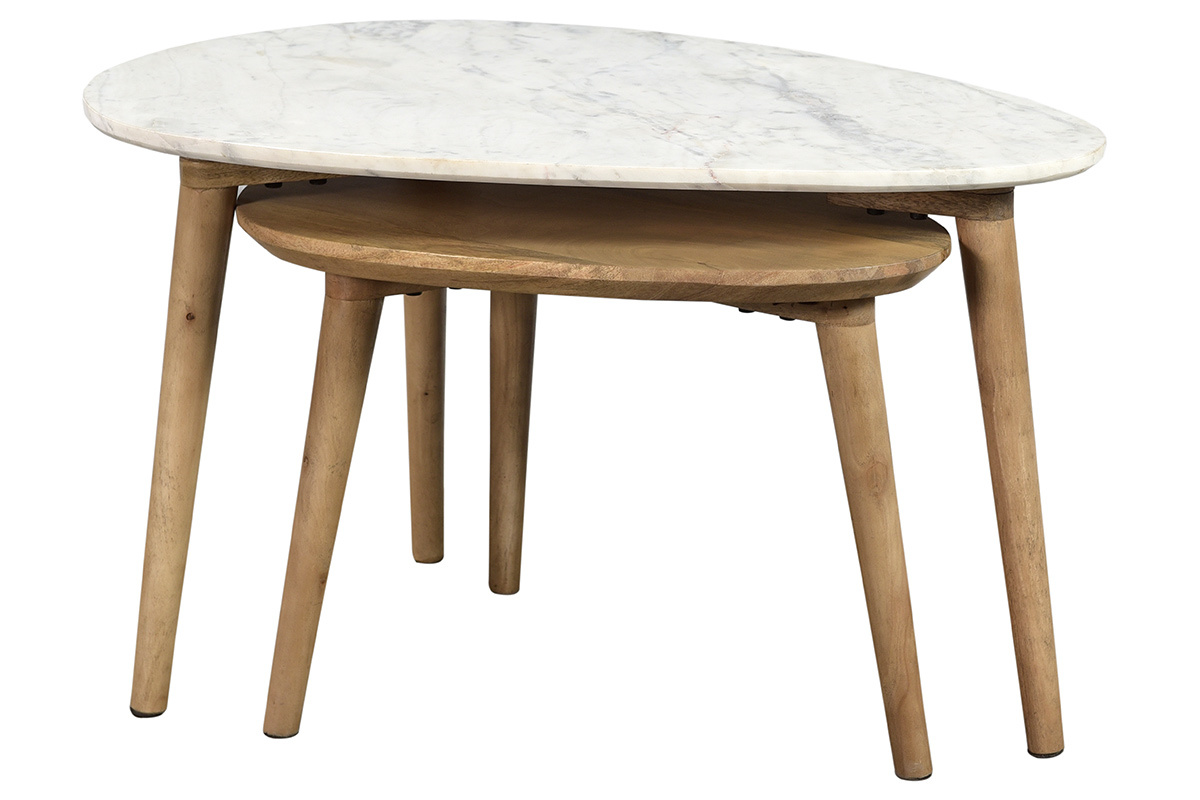 Tables basses gigognes marbre blanc et bois manguier massif (lot de 2) EVY