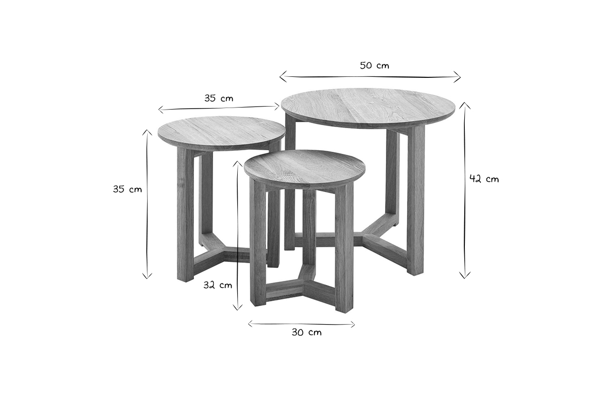 Tables basses gigognes rondes bois clair chne massif (lot de 3) DANAKIL