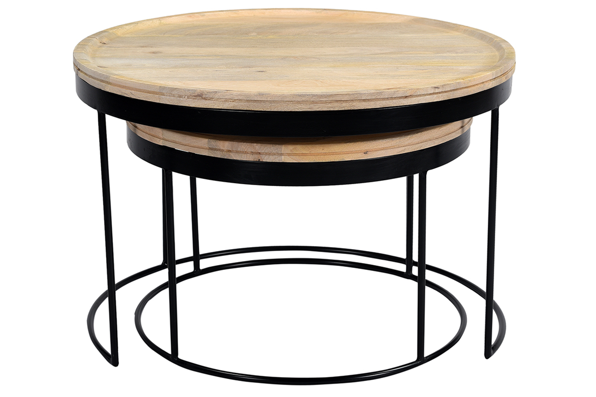 Tables basses gigognes rondes bois manguier massif et mtal noir (lot de 2) LEDGE