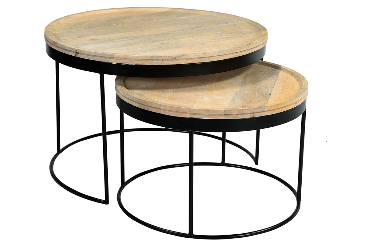 Tables basses gigognes rondes bois manguier massif et mtal noir (lot de 2) LEDGE