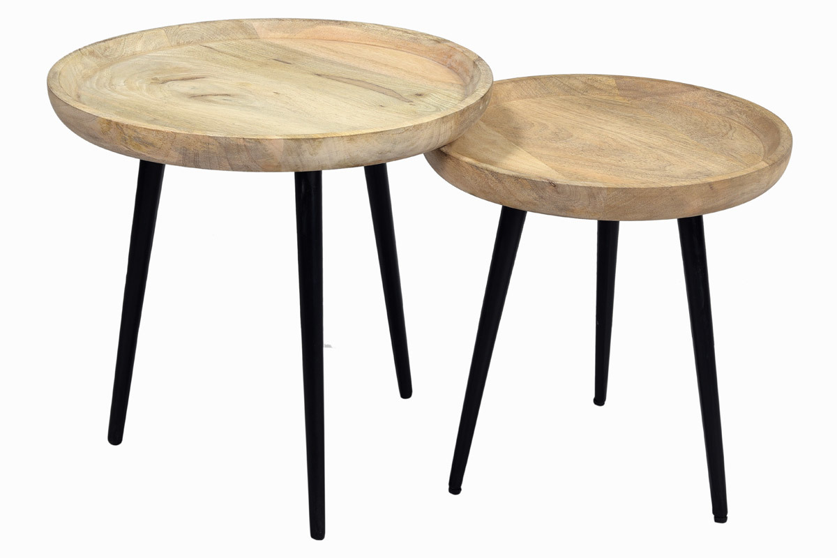 Tables basses gigognes rondes bois manguier massif et mtal noir (lot de 2) PYTA