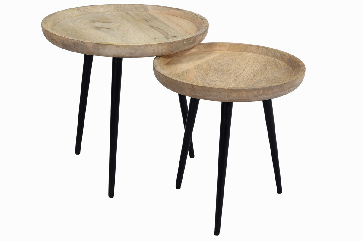 Tables basses gigognes rondes bois manguier massif et mtal noir (lot de 2) PYTA