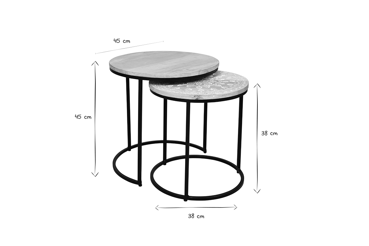 Tables basses gigognes rondes bois manguier massif et mtal noir (lot de 2) TOGETHER