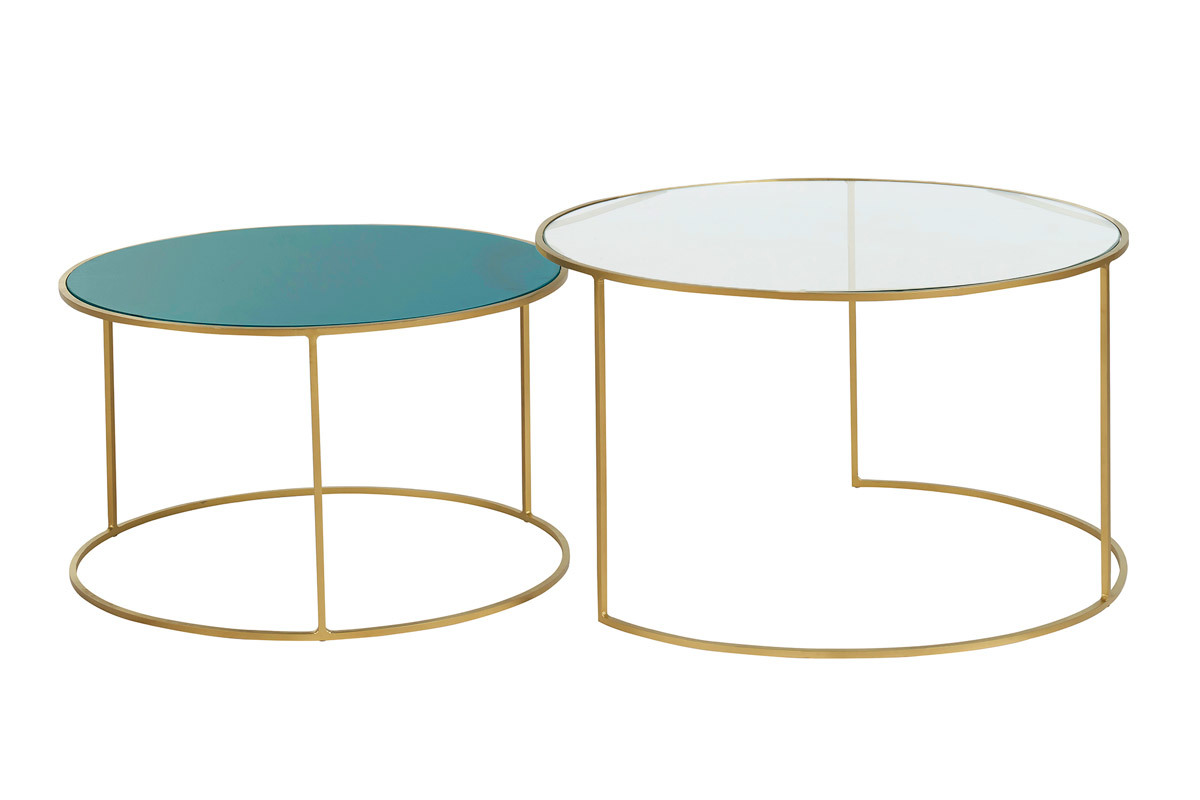 Tables basses gigognes rondes design mtal dor et verre teint bleu ptrole (lot de 2) ROXO