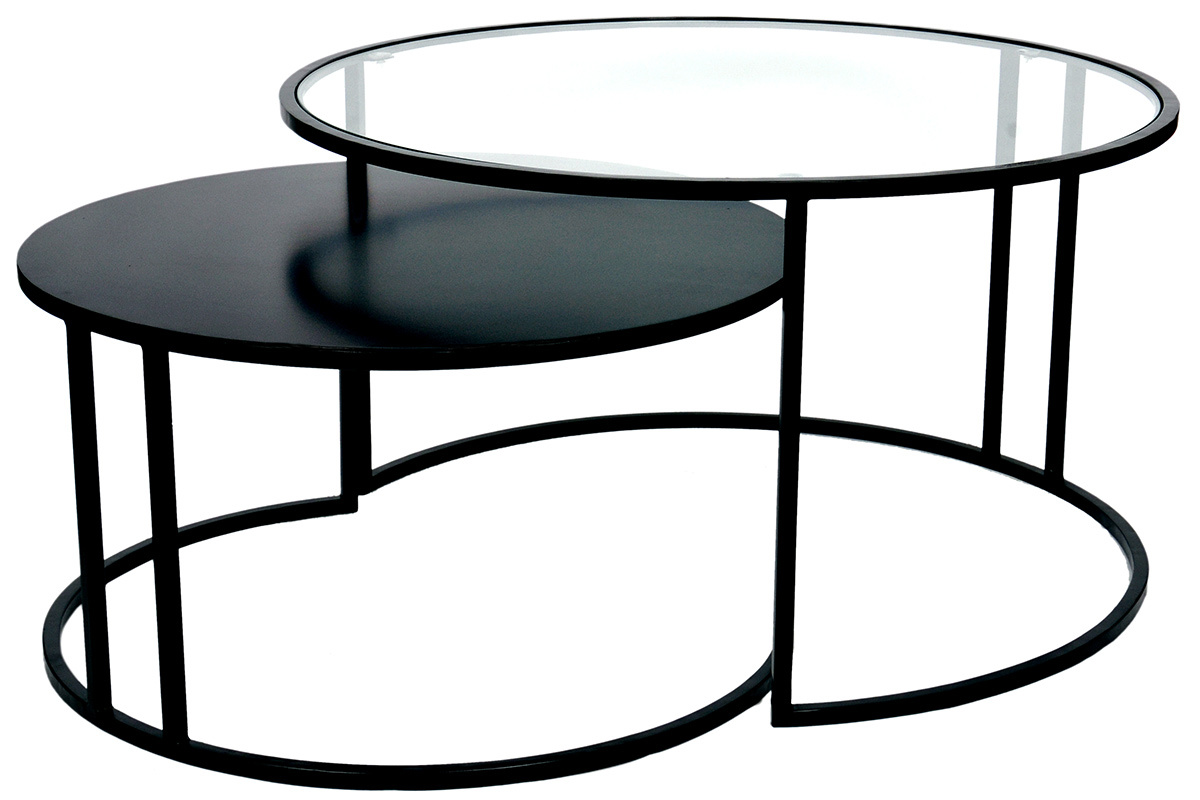 Tables basses gigognes rondes design verre tremp et mtal noir TAHL (lot de 2)