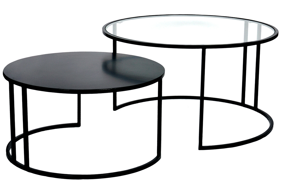 Tables basses gigognes rondes design verre tremp et mtal noir TAHL (lot de 2)