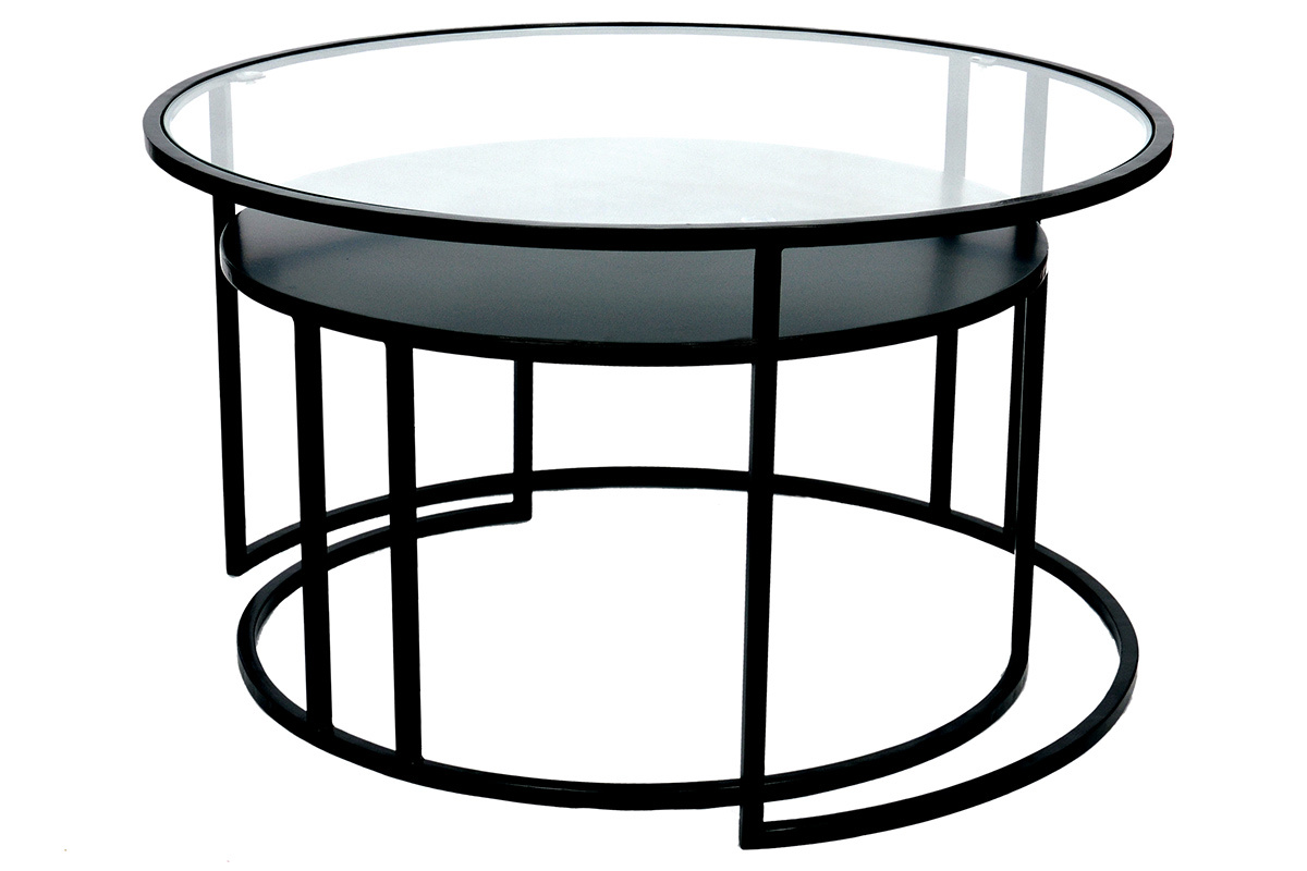 Tables basses gigognes rondes design verre tremp et mtal noir TAHL (lot de 2)