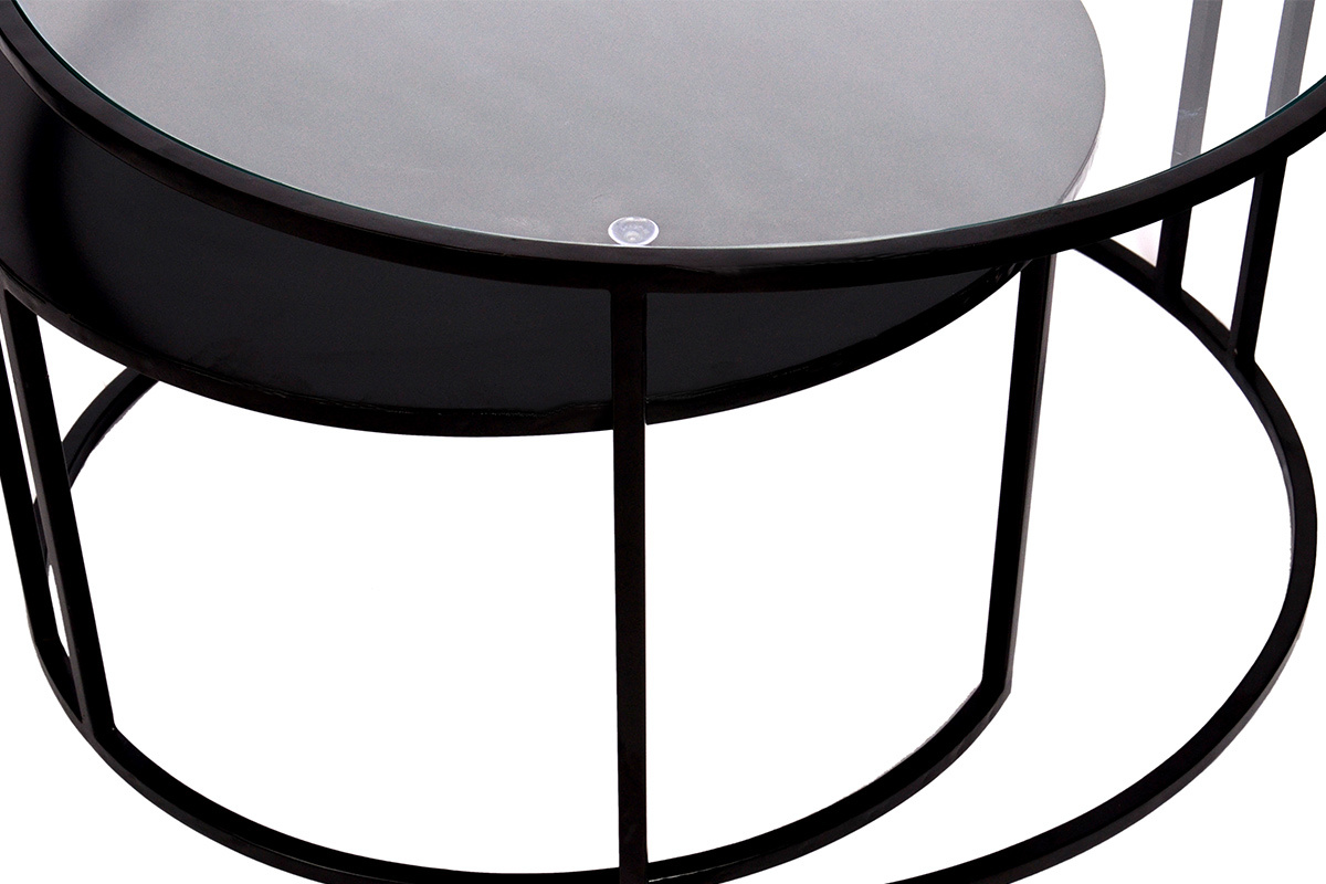 Tables basses gigognes rondes design verre tremp et mtal noir TAHL (lot de 2)