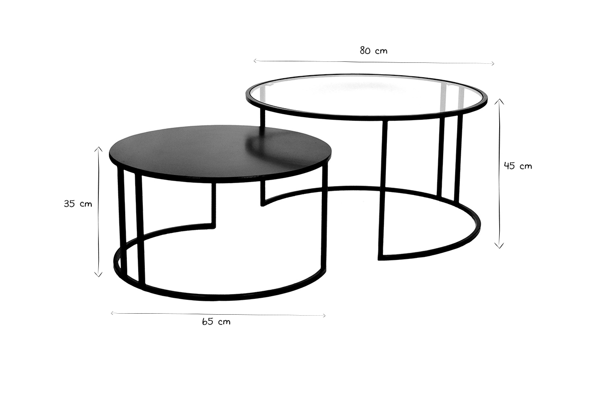 Tables basses gigognes rondes design verre tremp et mtal noir TAHL (lot de 2)