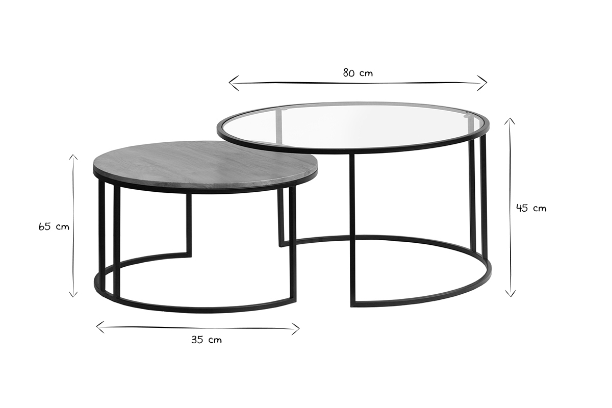 Tables basses gigognes rondes verre tremp, bois manguier massif et mtal noir (lot de 2) TAHL