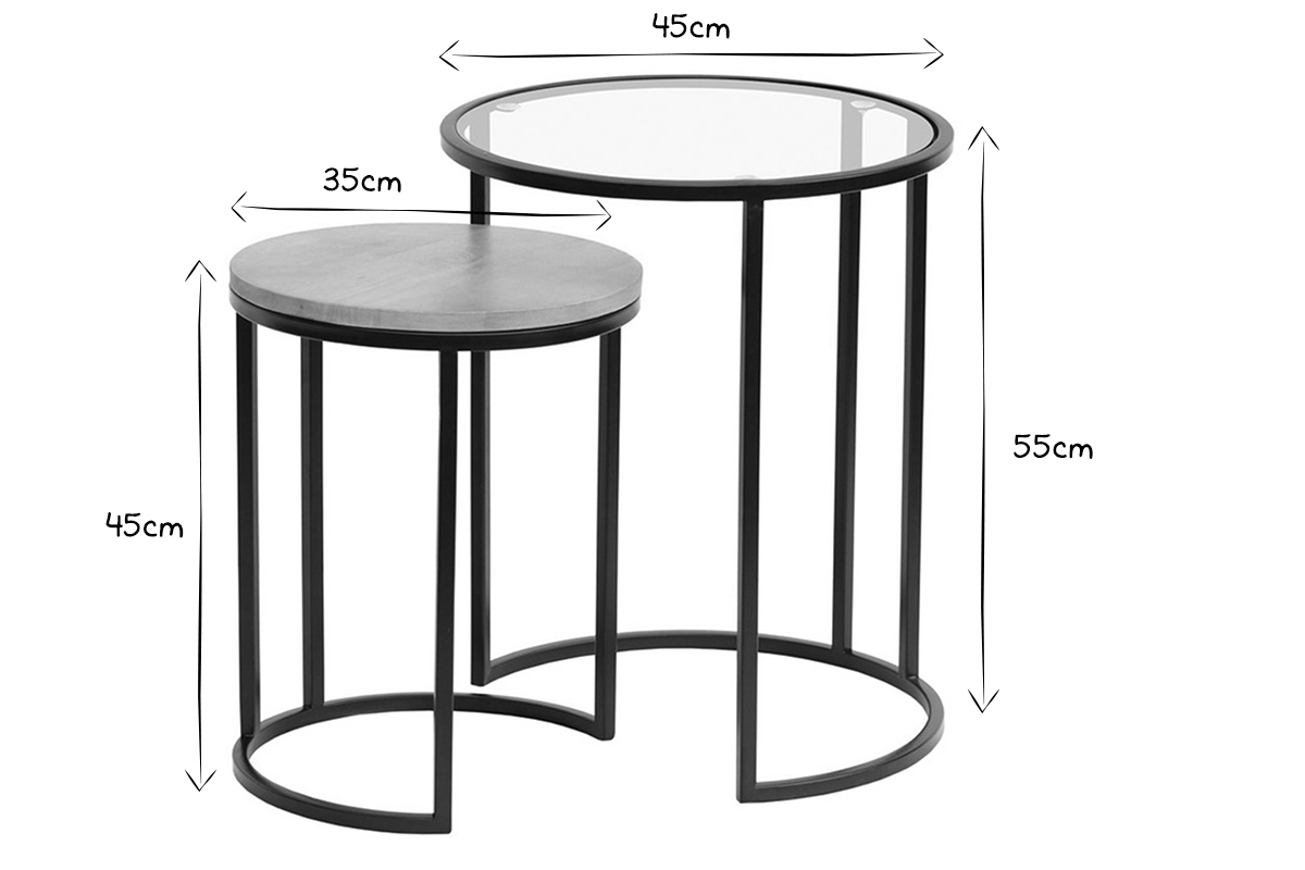 Tables d'appoint gigognes en verre tremp et bois manguier massif TAHL