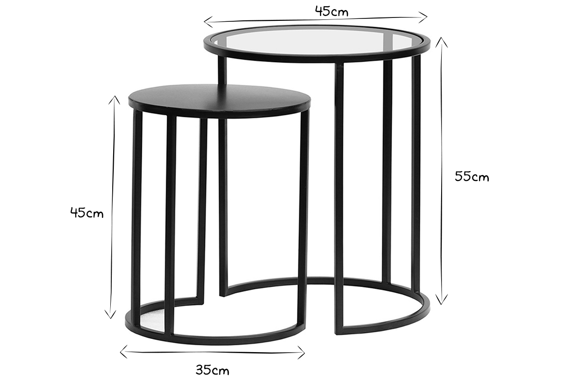 Tables d'appoint gigognes en verre tremp et mtal noir TAHL