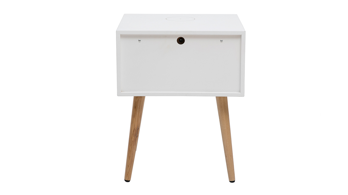 Tables de chevet connectes multimdia blanc mat et bois clair massif L40 (lot de 2) PAVAN