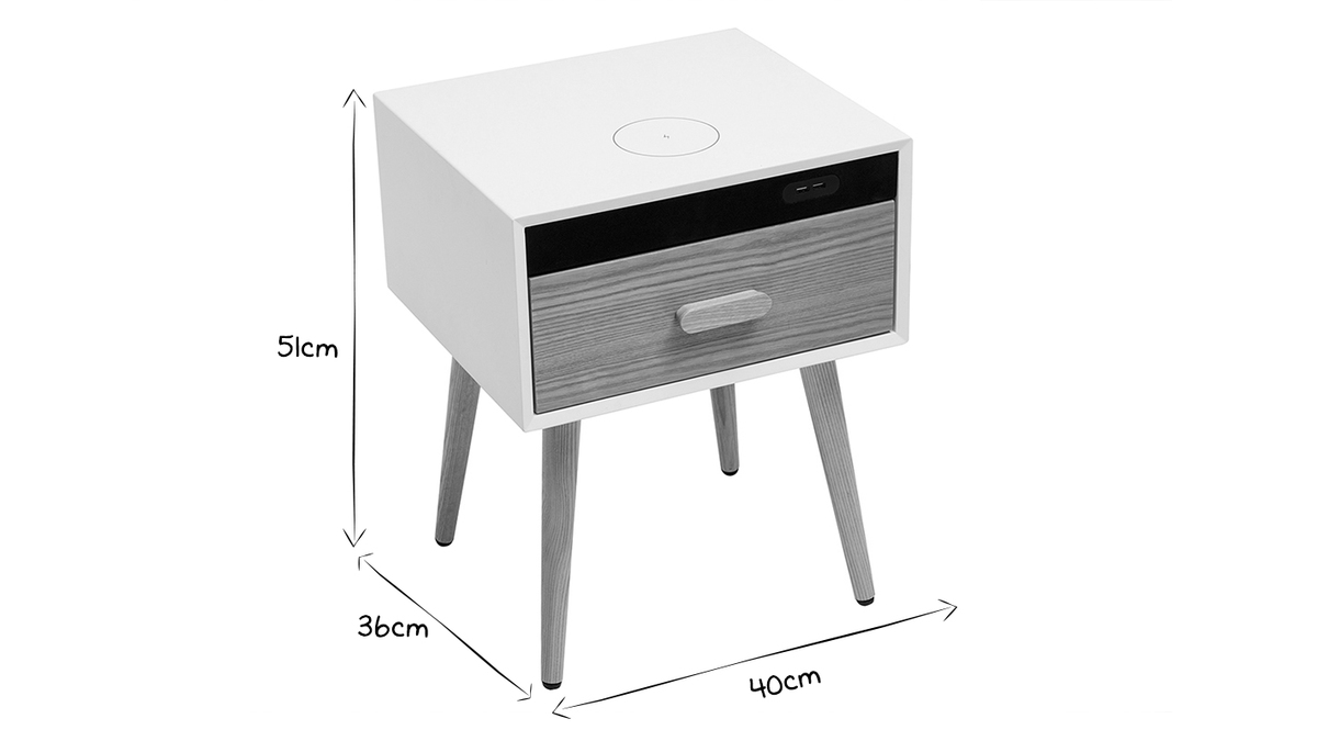 Tables de chevet connectes multimdia blanc mat et bois clair massif L40 (lot de 2) PAVAN