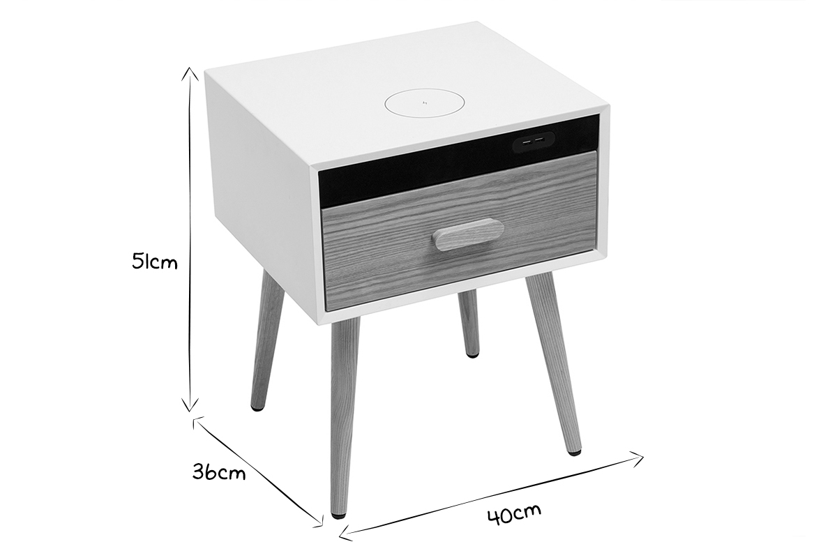 Tables de chevet connectes multimdia blanc mat et bois clair massif L40 (lot de 2) PAVAN