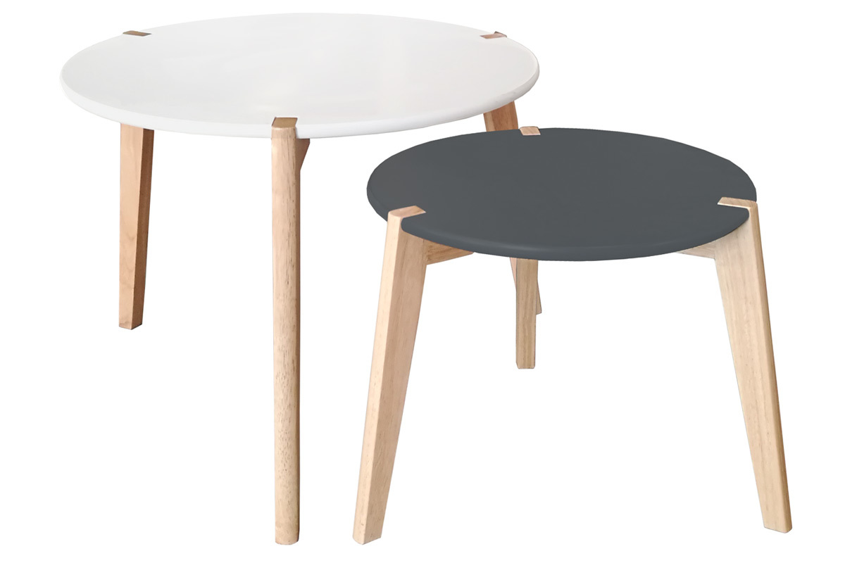 Tables gigognes design gris et blanc avec pieds bois clair (lot de 2) KOBE