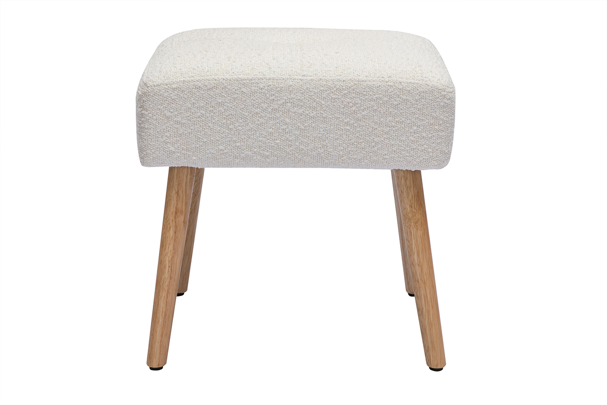 Tabouret bas en tissu effet laine boucle blanc et bois clair massif H46 cm GUESTA