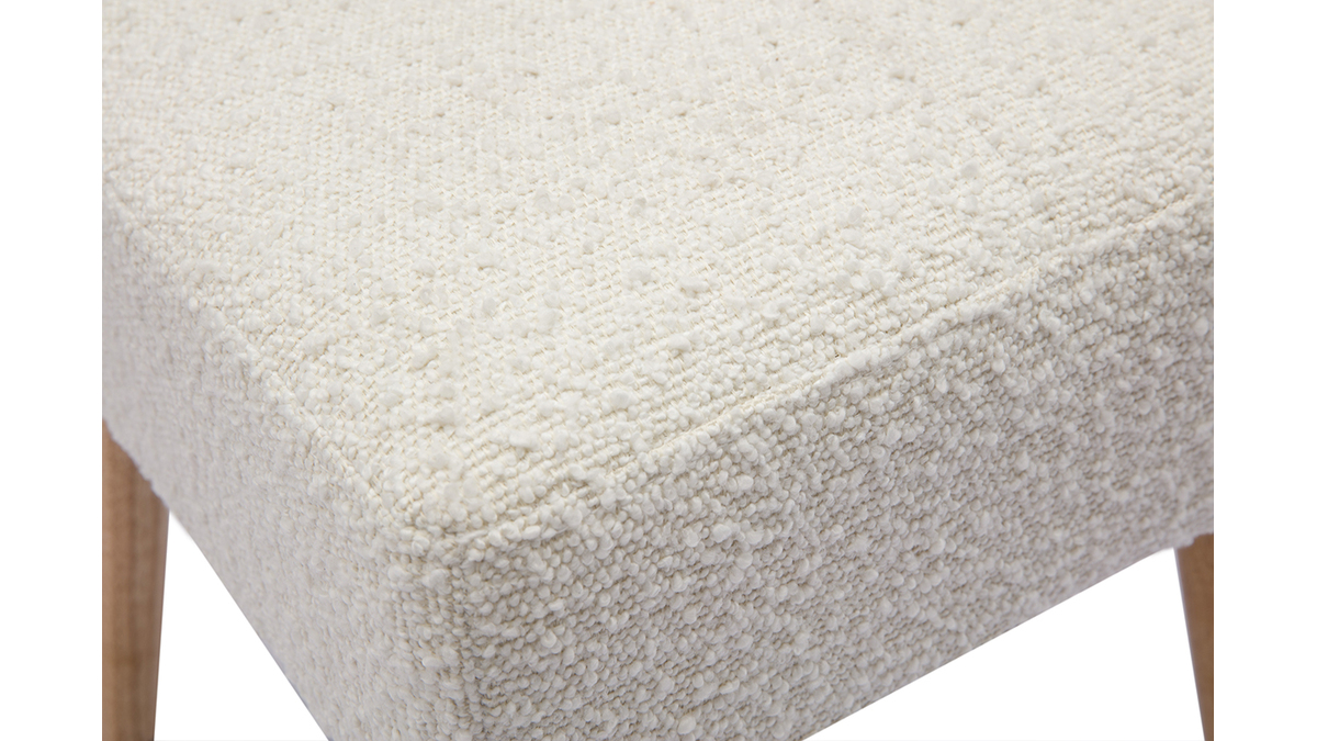 Tabouret bas en tissu effet laine boucle blanc et bois clair massif H46 cm GUESTA
