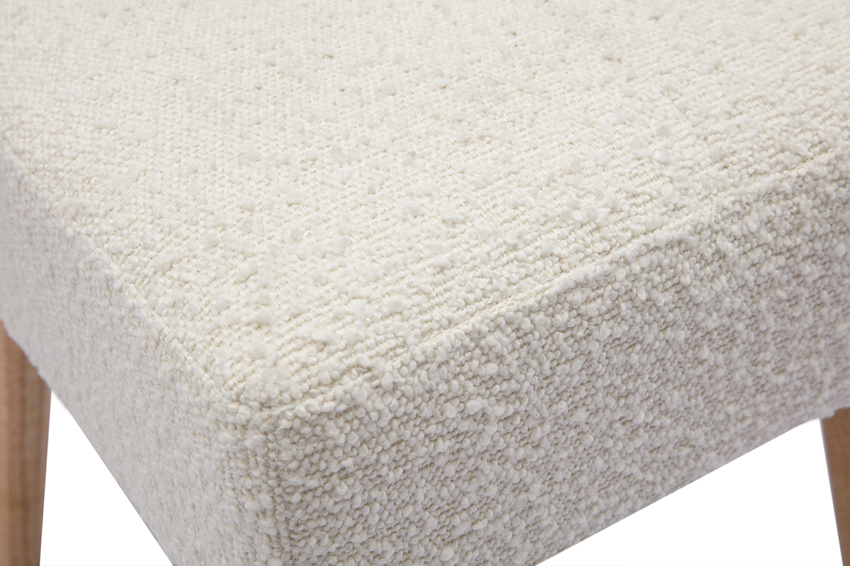 Tabouret bas en tissu effet laine boucle blanc et bois clair massif H46 cm GUESTA