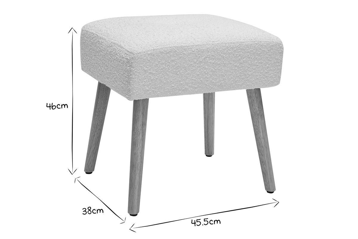 Tabouret bas en tissu effet laine boucle blanc et bois clair massif H46 cm GUESTA