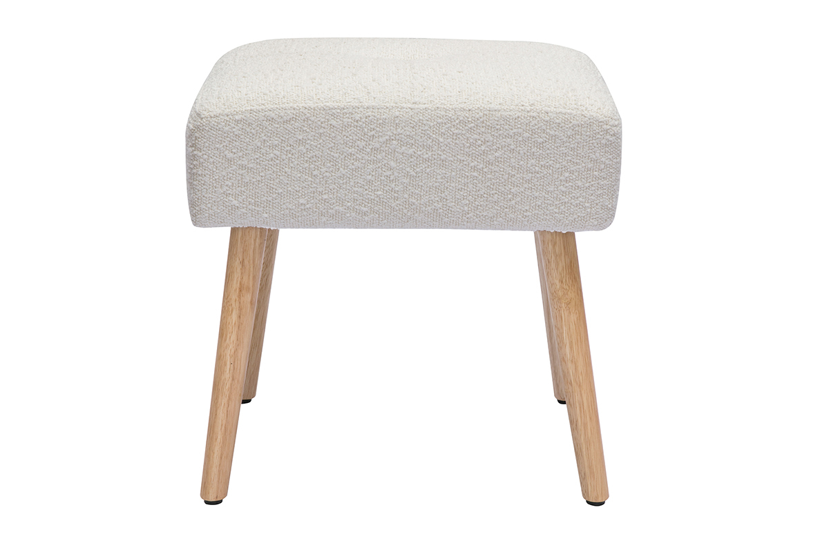 Tabouret bas en tissu effet laine boucle blanc et bois clair massif H46 cm GUESTA