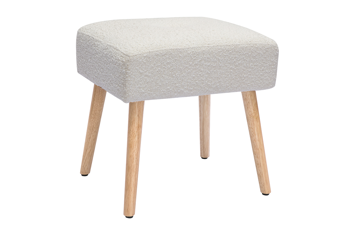 Tabouret bas en tissu effet laine boucle blanc et bois clair massif H46 cm GUESTA