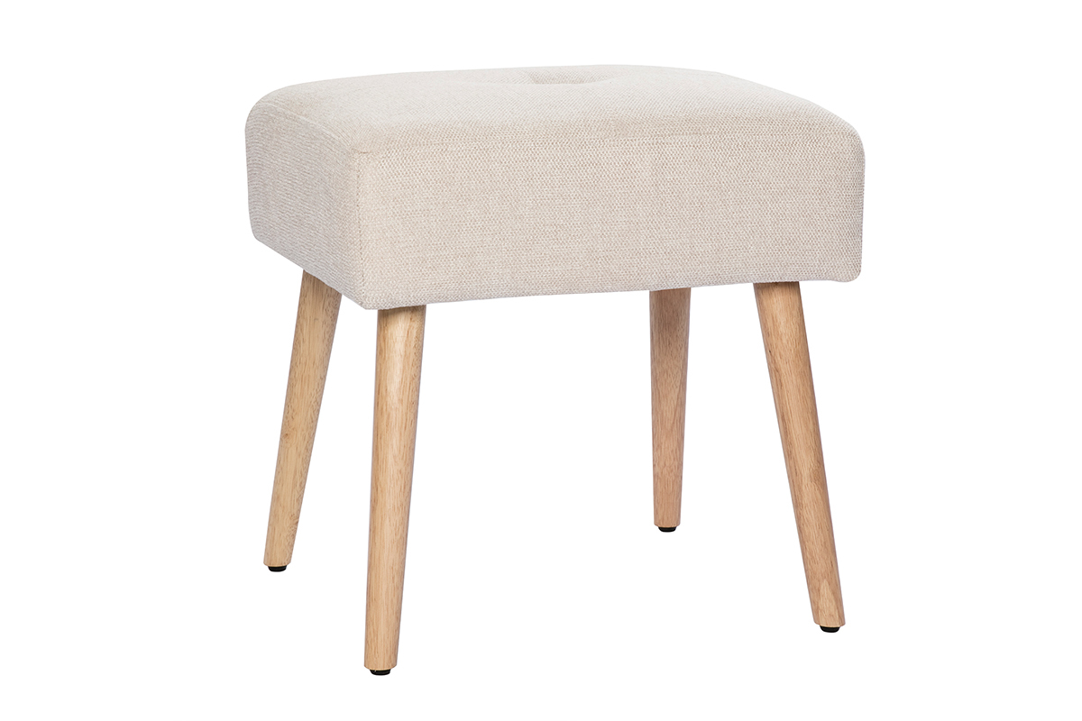 Tabouret bas en tissu effet velours textur beige et bois clair massif H46 cm GUESTA