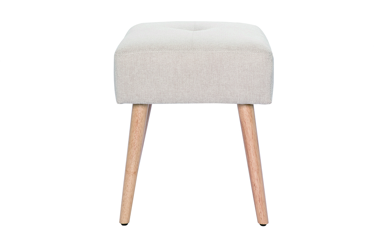 Tabouret bas en tissu effet velours textur beige et bois clair massif H46 cm GUESTA