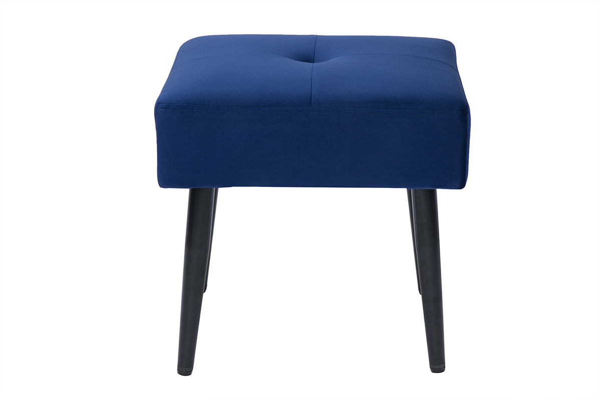 Tabouret bas en tissu effet velours textur bleu nuit et mtal noir H46 cm GUESTA