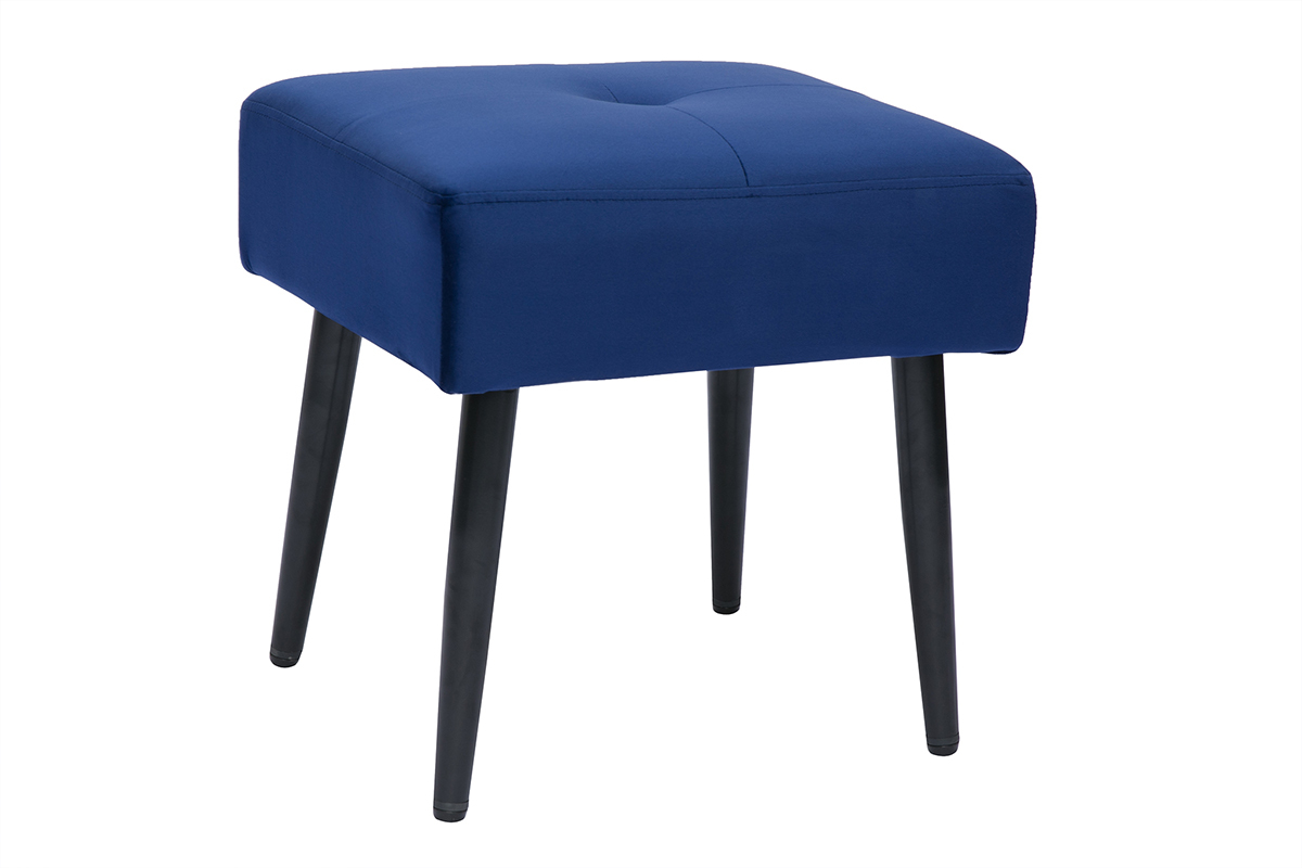 Tabouret bas en tissu effet velours textur bleu nuit et mtal noir H46 cm GUESTA