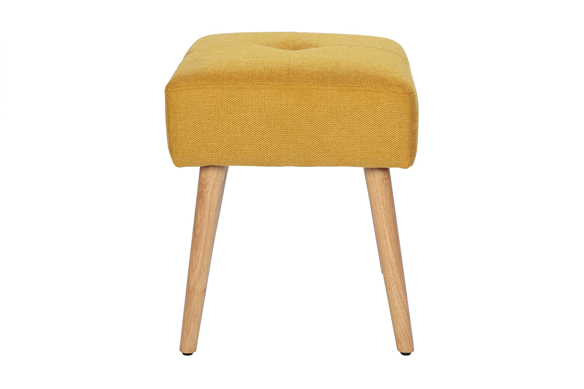 Tabouret bas en tissu effet velours textur jaune moutarde et bois clair massif H46 cm GUESTA