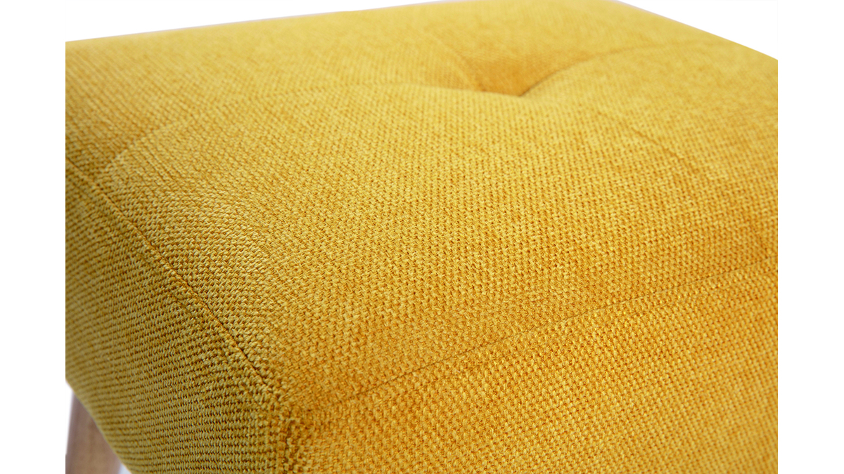 Tabouret bas en tissu effet velours textur jaune moutarde et bois clair massif H46 cm GUESTA