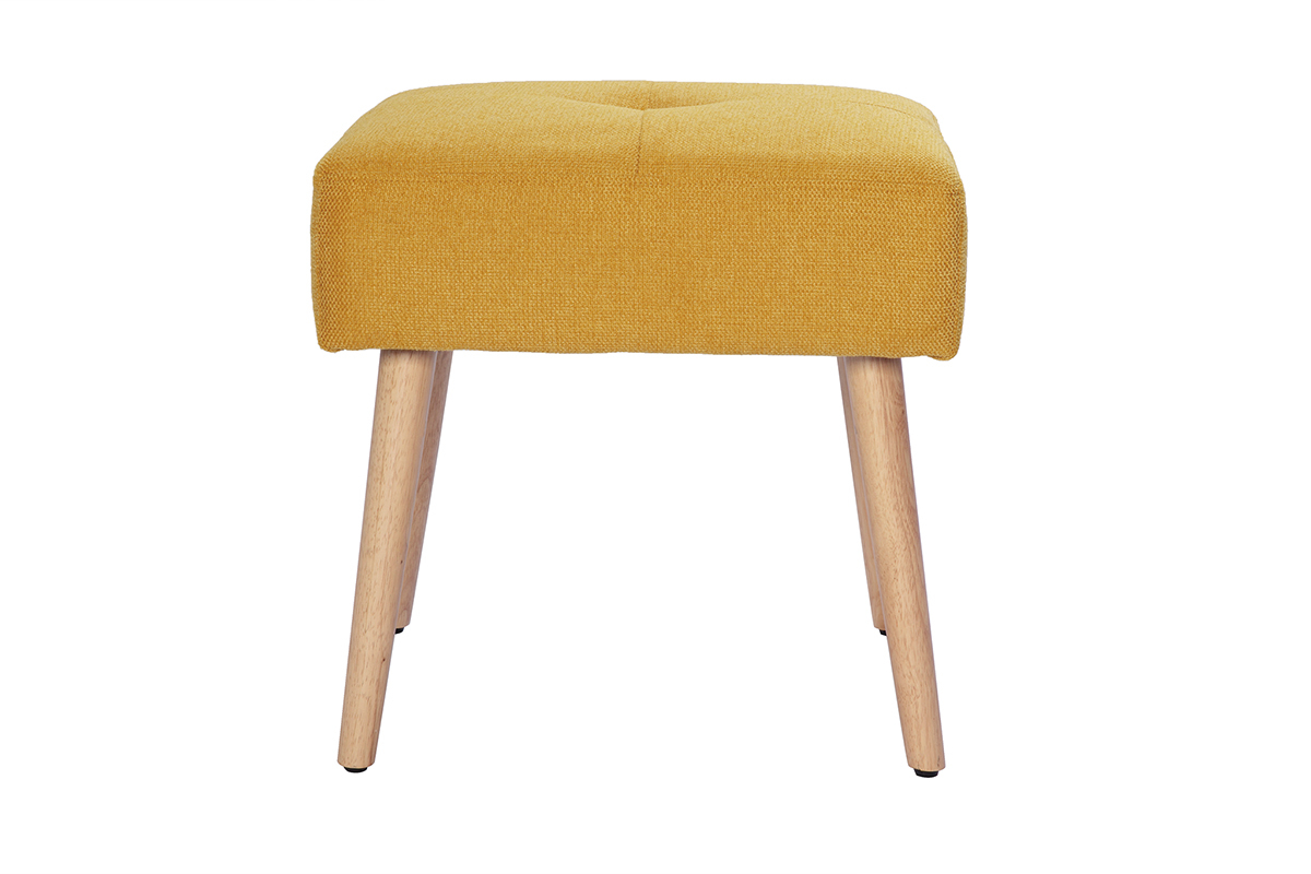 Tabouret bas en tissu effet velours textur jaune moutarde et bois clair massif H46 cm GUESTA