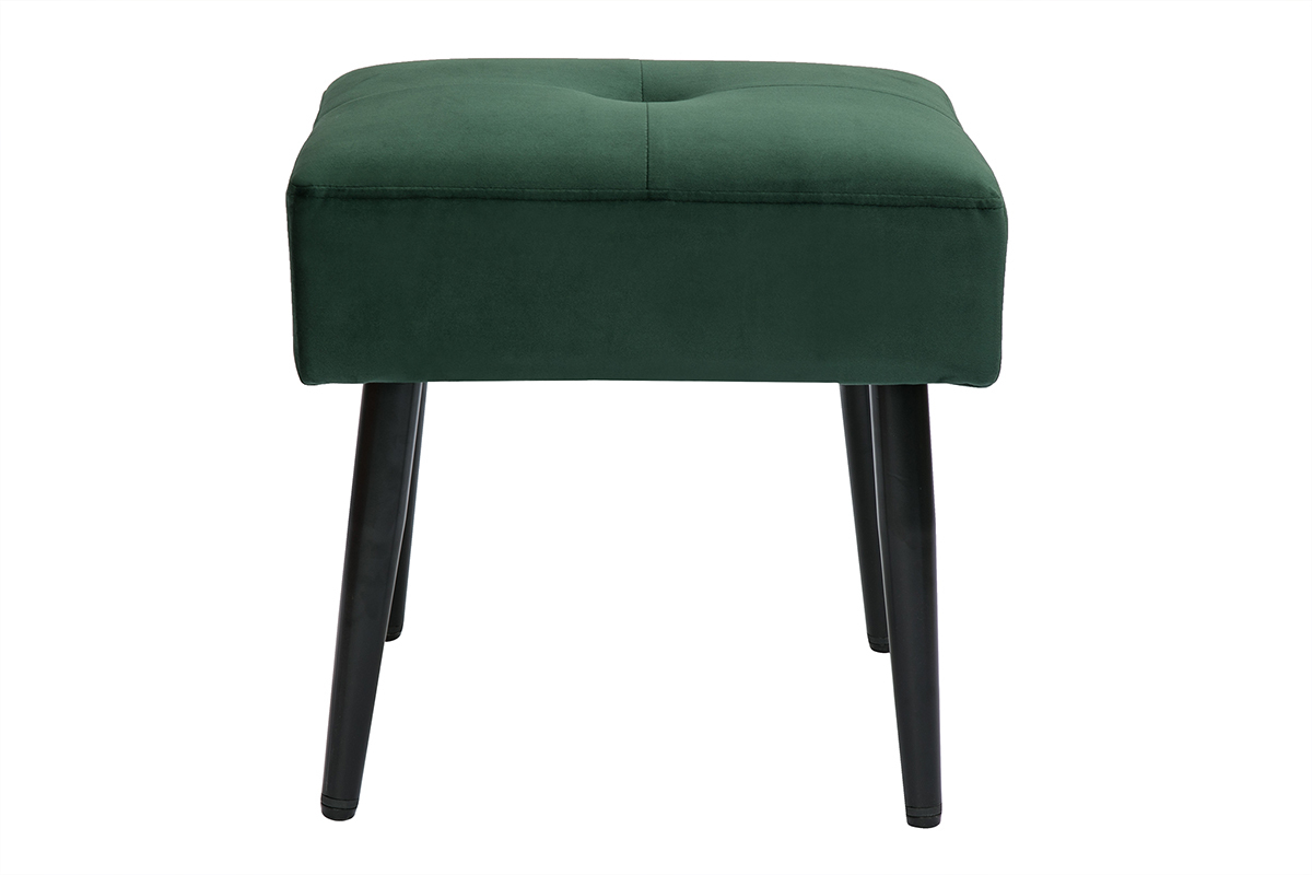 Tabouret bas en tissu effet velours textur vert fonc et mtal noir H46 cm GUESTA