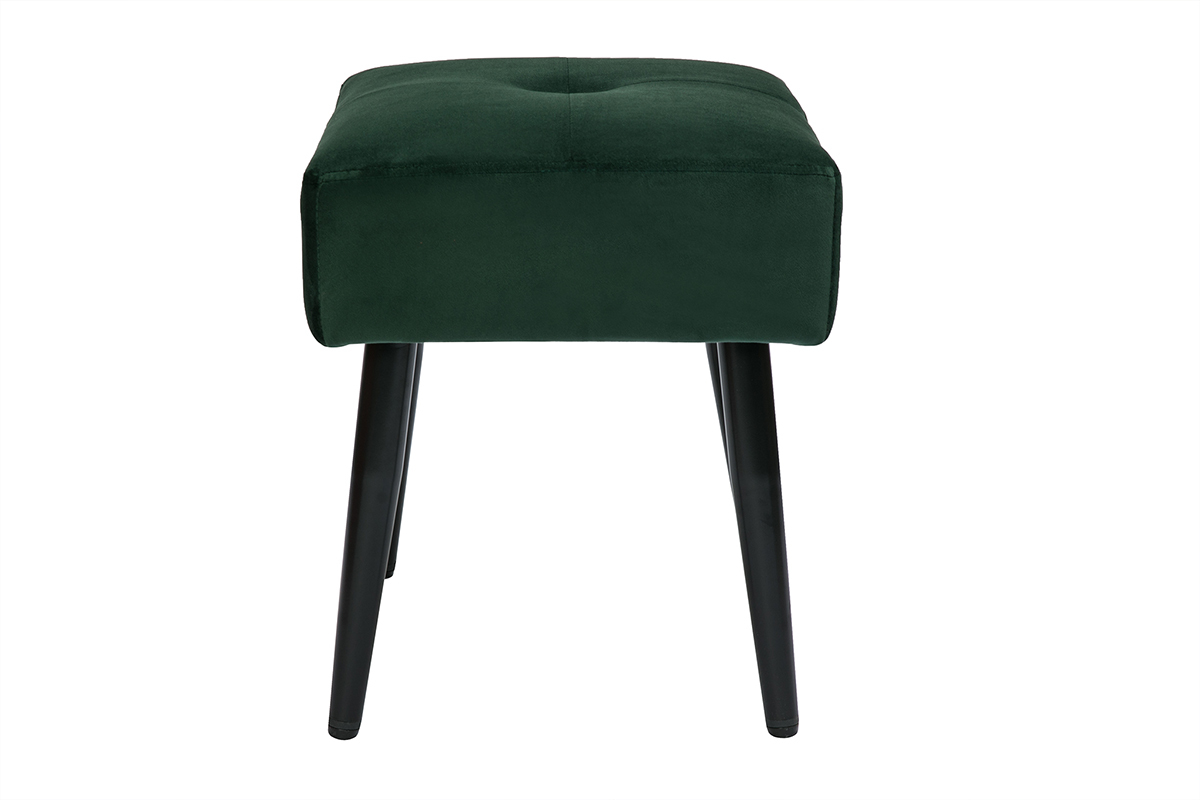 Tabouret bas en tissu effet velours textur vert fonc et mtal noir H46 cm GUESTA