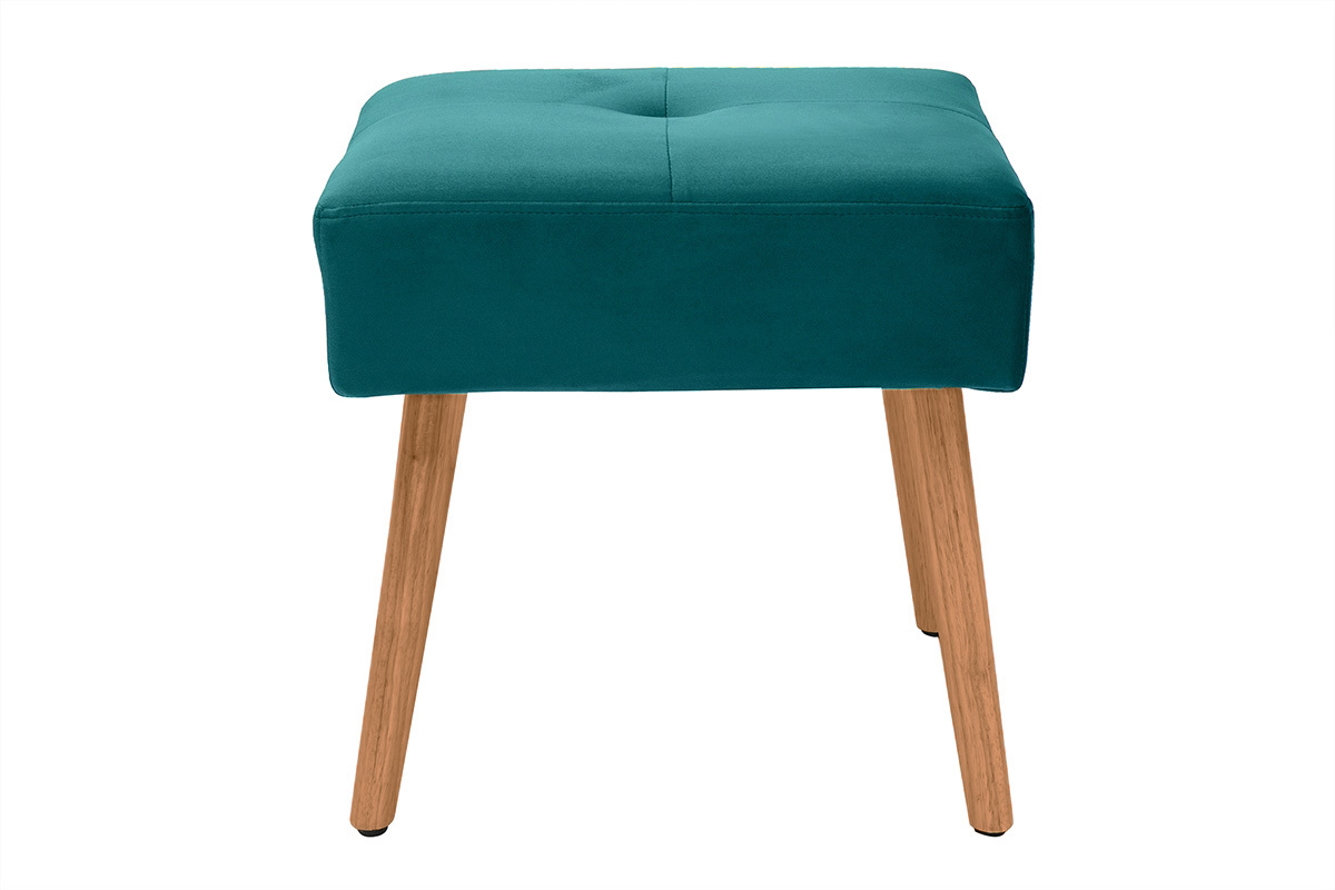 Tabouret bas en tissu velours bleu ptrole et bois clair massif H46 cm GUESTA