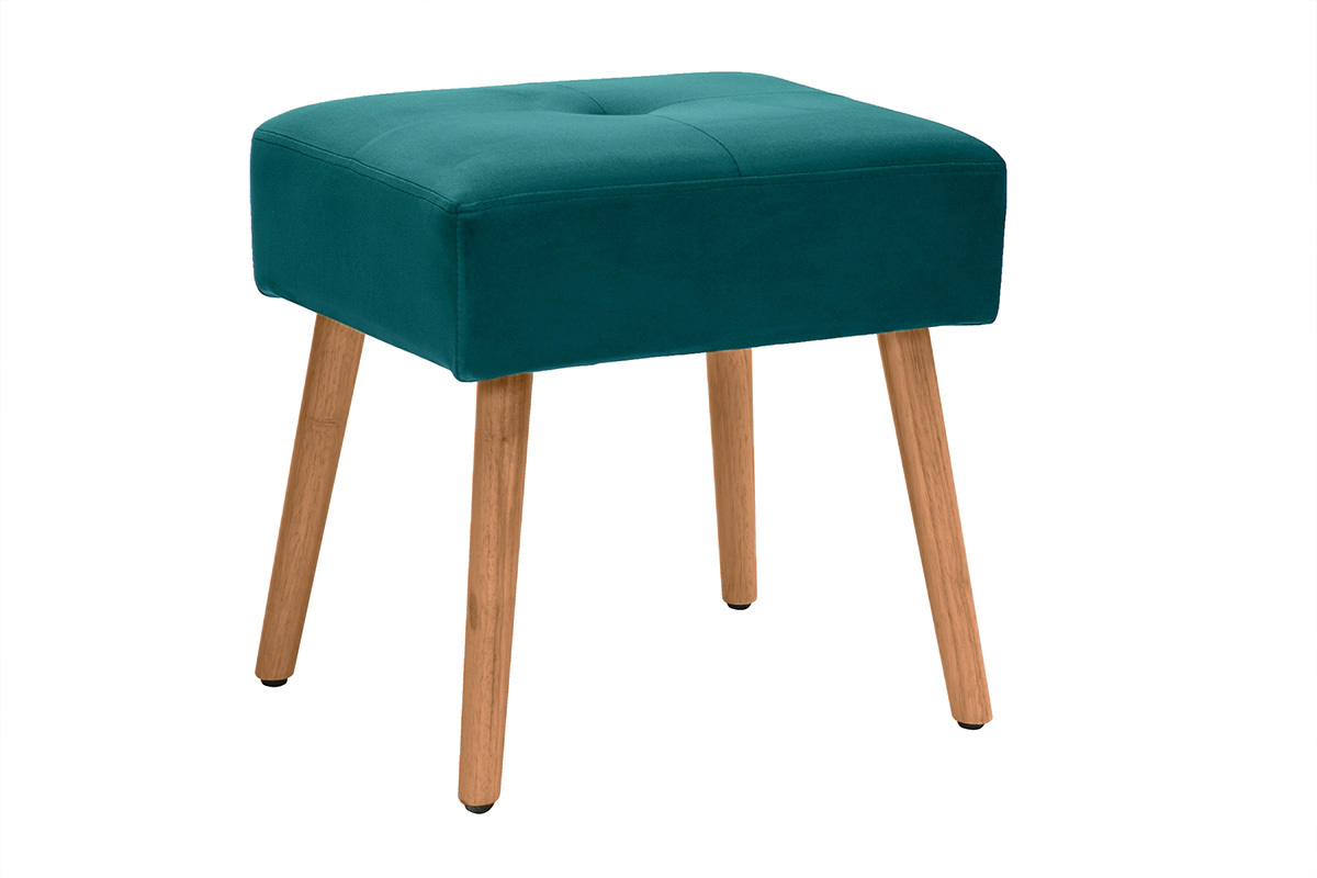 Tabouret bas en tissu velours bleu ptrole et bois clair massif H46 cm GUESTA