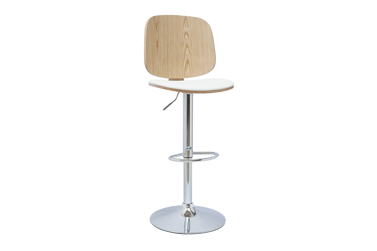 Tabouret de bar ajustable design blanc et bois clair BECK