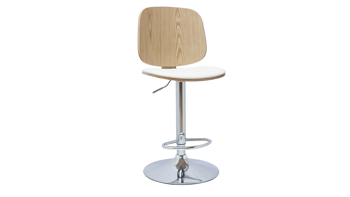 Tabouret de bar ajustable design blanc et bois clair BECK