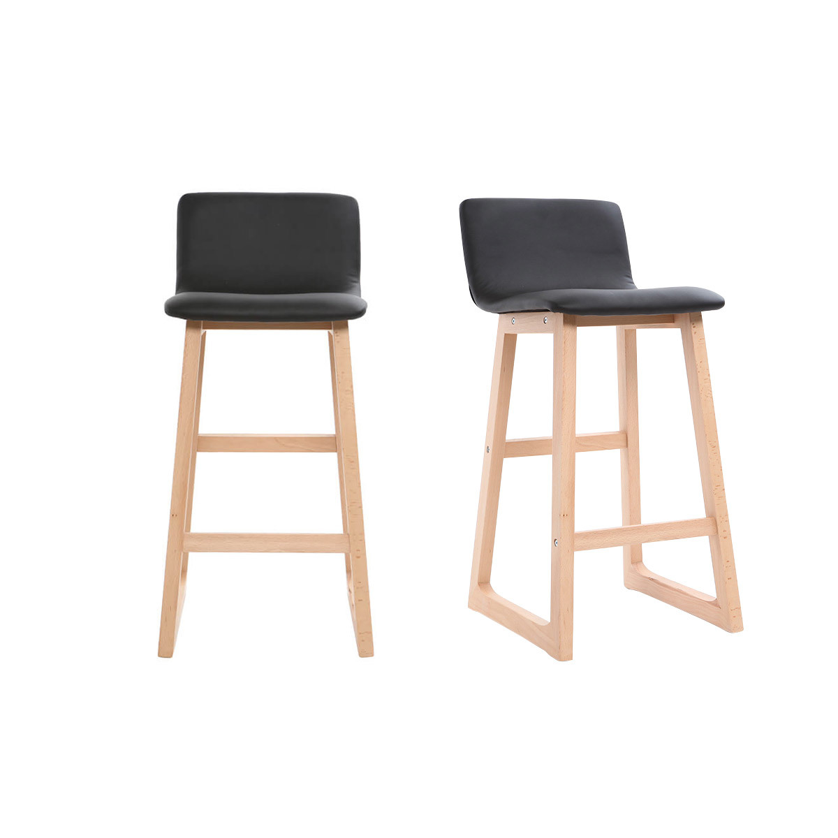 Tabouret de bar bois clair et PU noir 65cm lot de 2 OSAKA