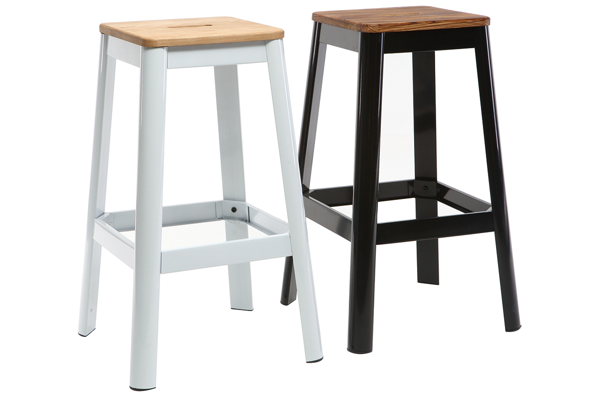 Tabouret de bar design blanc et bois H75 cm NICK