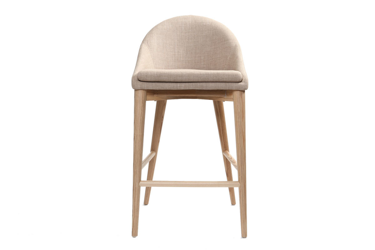 Tabouret de bar design en tissu beige et bois clair 65 cm DALIA