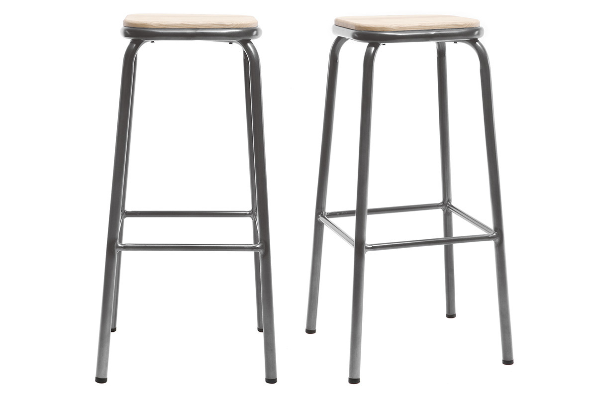 Tabouret de bar design inox bois clair H75 cm (lot de 2) MEMPHIS