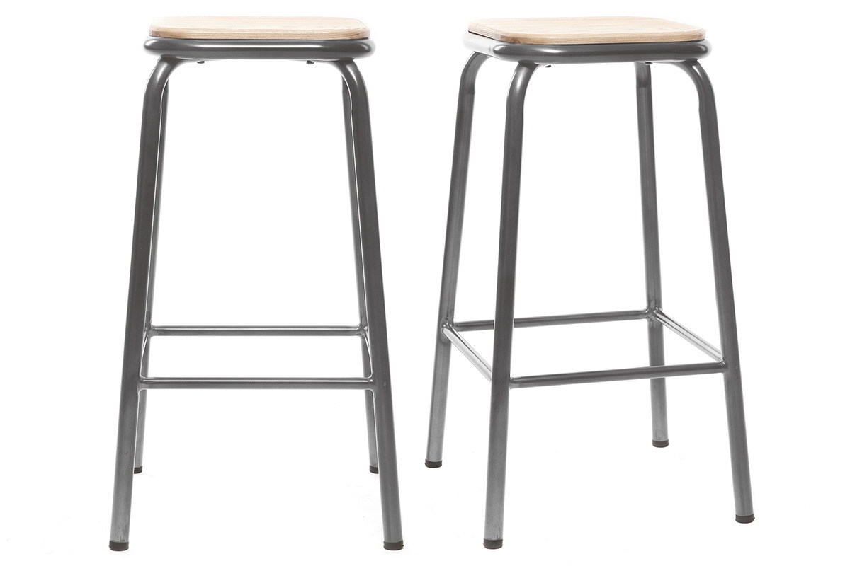 Tabouret de bar design inox et bois clair H65 cm (lot de 2) MEMPHIS