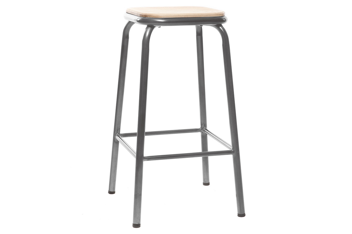 Tabouret de bar design inox et bois clair H65 cm (lot de 2) MEMPHIS