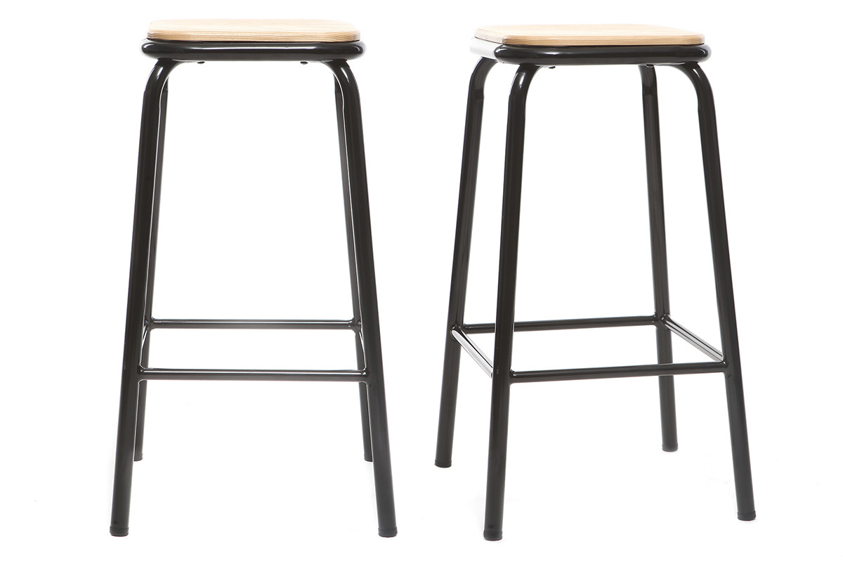 Tabouret de bar design noir et bois clair H65 cm (lot de 2) MEMPHIS