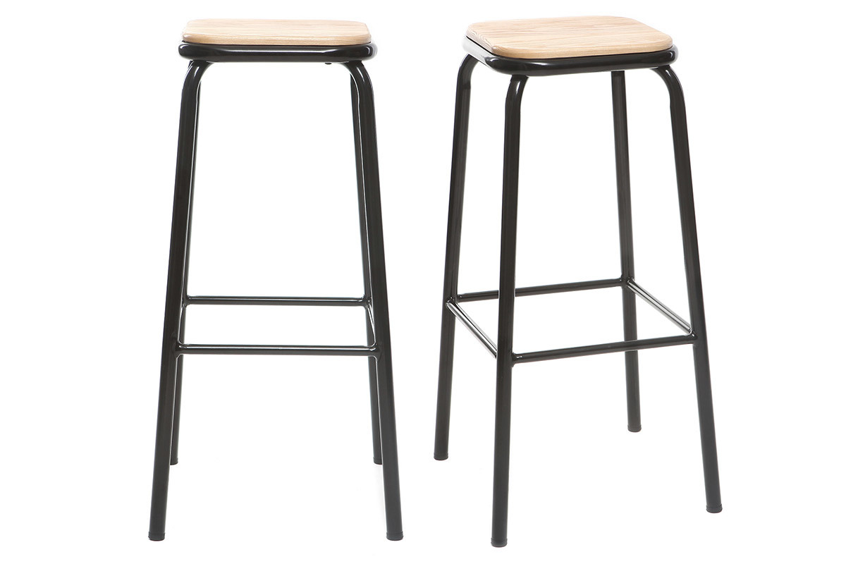 Tabouret de bar design noir et bois clair H75 cm (lot de 2) MEMPHIS